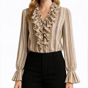 Grege Stripe Romantic Ruffle Sheer Blouse